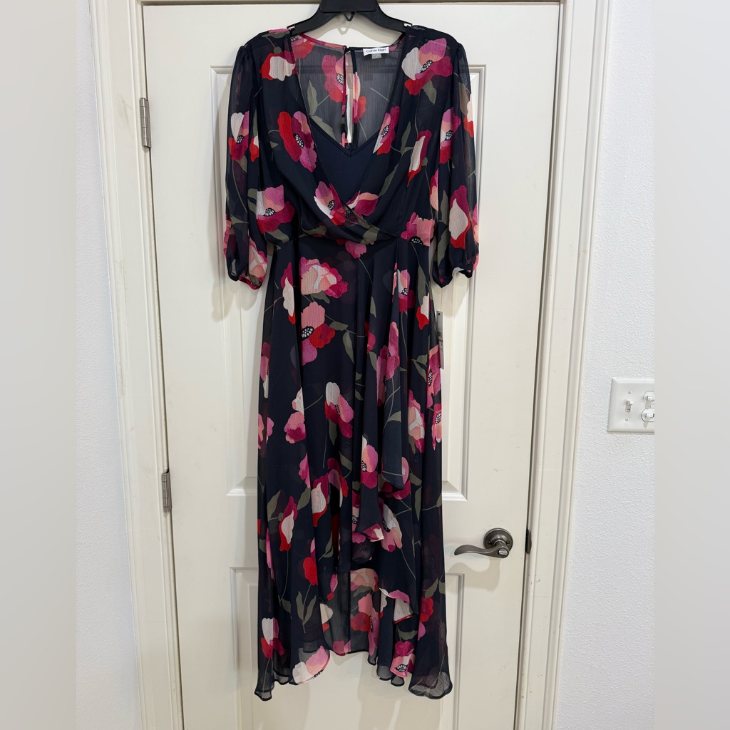 Calvin Klein Black And Pink Floral High Low Dress